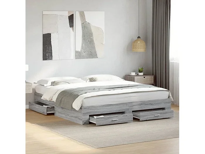 Cama con cajones madera ingeniería gris Sonoma 180×200 cm