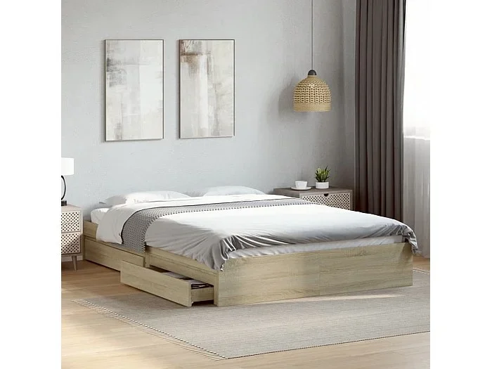 Cama con cajones madera ingeniería roble Sonoma 160×200 cm
