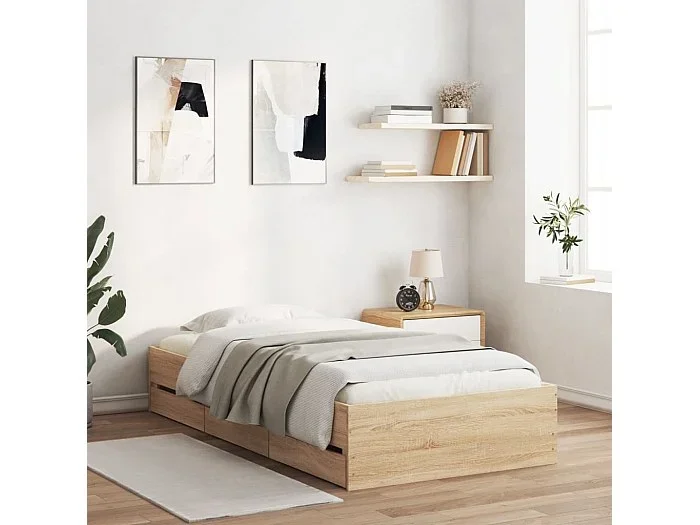Cama con cajones madera ingeniería roble Sonoma 90×190 cm