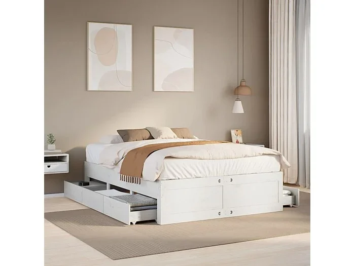 Cama con cajones sin colchón madera maciza blanca 150×200 cm