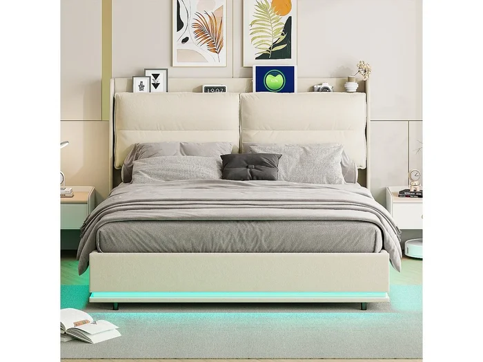 Cama con canapé 140*200 cm + mueble de almacenaje + LED + cargador de mesita de noche, beige, terciopelo