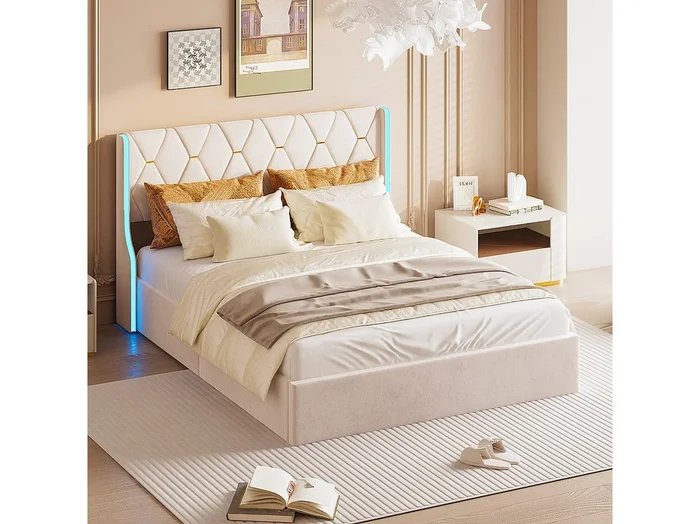 Cama con canapé 140×200 cm con base, con LED, somier de láminas, Terciopelo, Beige