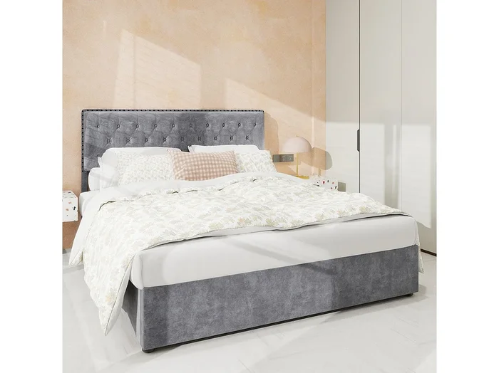 Cama con canapé 140 x 200 cm – Cama doble con cabecero suave y canapé – terciopelo gris – colchón no incluido