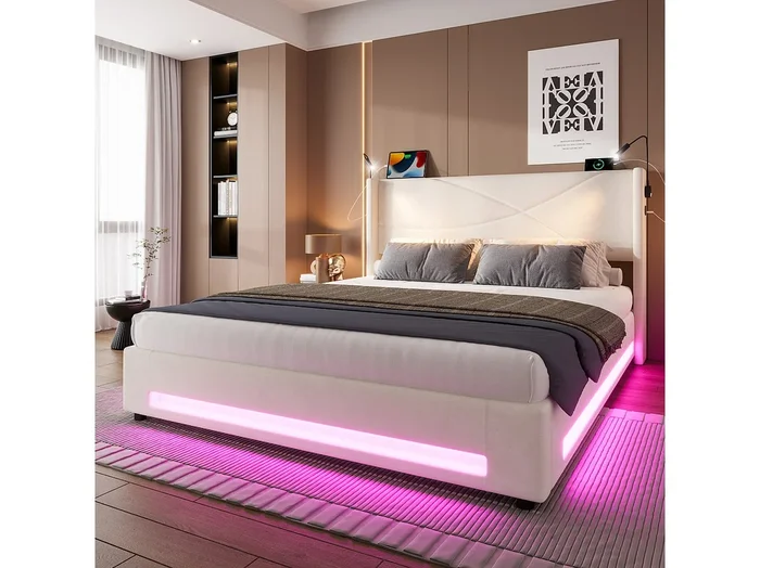 Cama con canapé 140 x 200 cm – Cama para adultos con 2 luces de lectura y luz LED – terciopelo beige – sin colchón