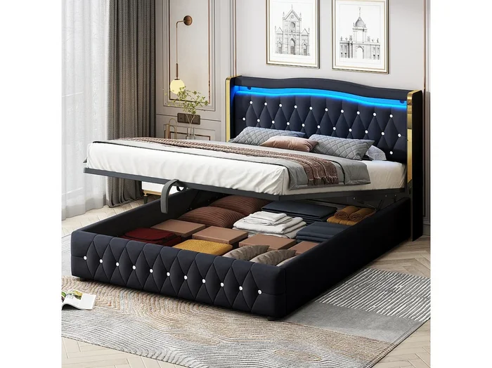 Cama con canapé 160 x 200 cm – Cama para adultos con luces LED y decoración de rombos – terciopelo negro – sin colchón