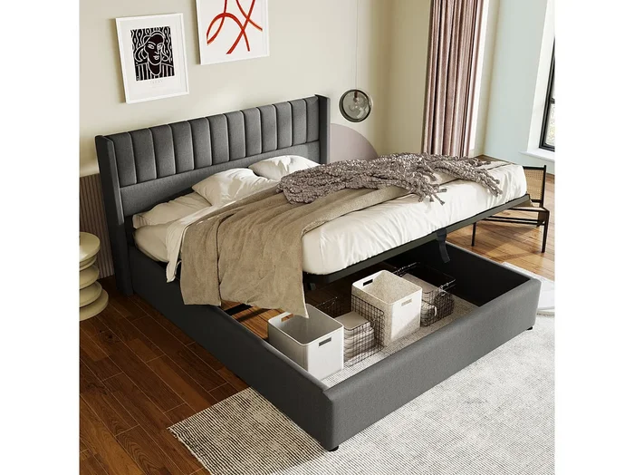 Cama con canapé 160 x 200 cm – Cama para adultos con respaldo acolchado – lino gris – sin colchón