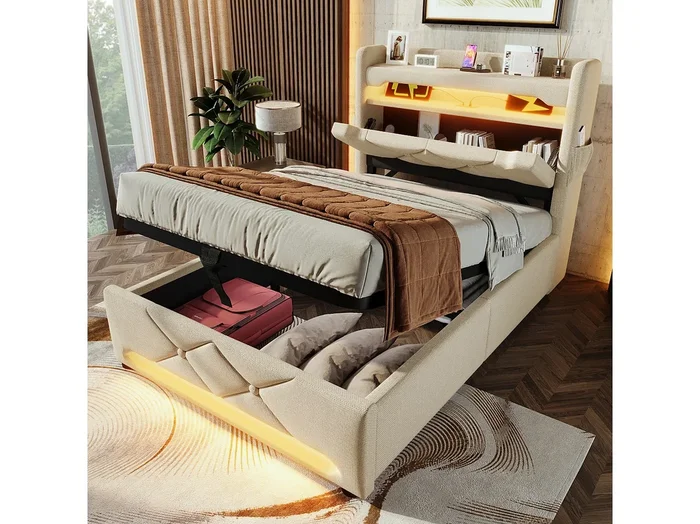 Cama con canapé 90×200 cm – Cama para adultos con carga USB y luz LED – lino beige – sin colchón