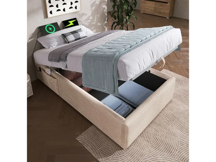 Cama con canapé 90 x 190 cm – Cama infantil con puerto USB y compartimento de almacenaje – lino beige – sin colchón