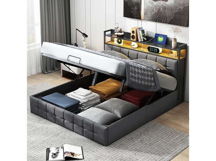 Cama con canapé con iluminación LED RGB, cabecero con estación de carga USB/USB-C, tejido de lino gris, 160×200 cm