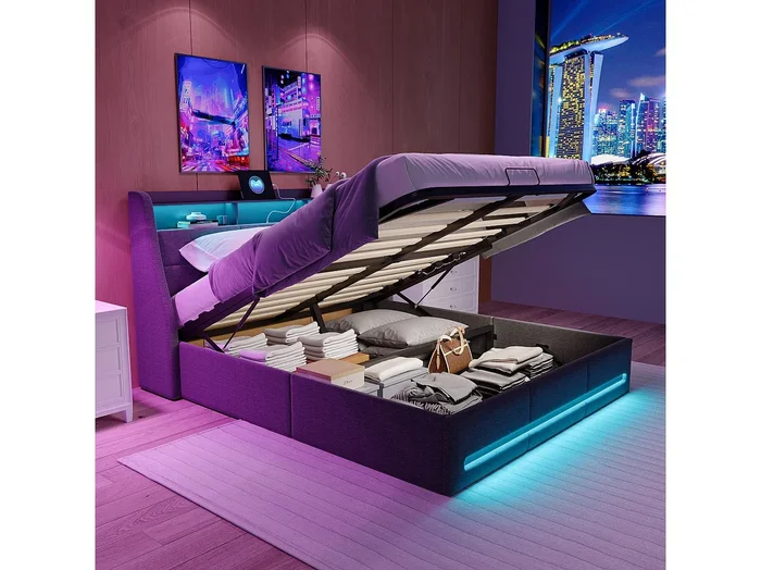 Cama con canapé de 140x200cm tapizada en tejido de lino – con LED y puertos de carga – con somier de láminas – Gris
