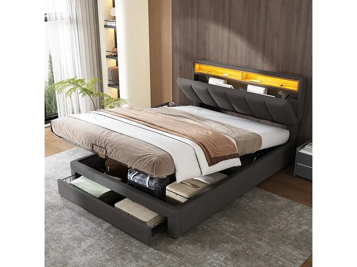 Cama con dos cajones y cabecero escamoteable – 140 x 200 cm – LED – Acero y lino – para adultos – Gris