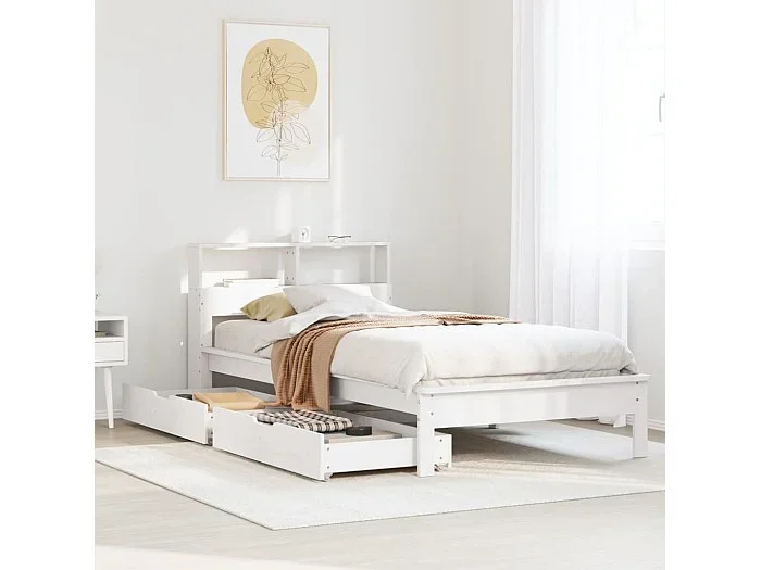 Cama con estantería sin colchón madera maciza blanca 100×200 cm