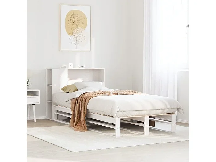Cama con estantería sin colchón madera maciza blanca 100×200 cm