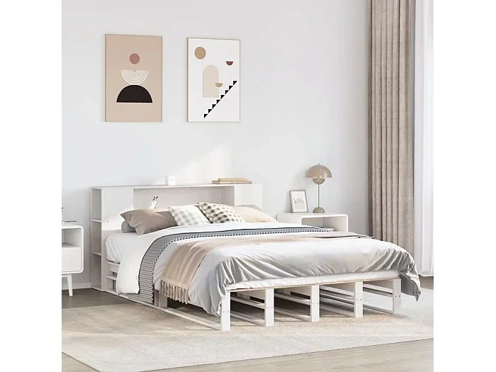 Cama con estantería sin colchón madera maciza blanca 120×190 cm