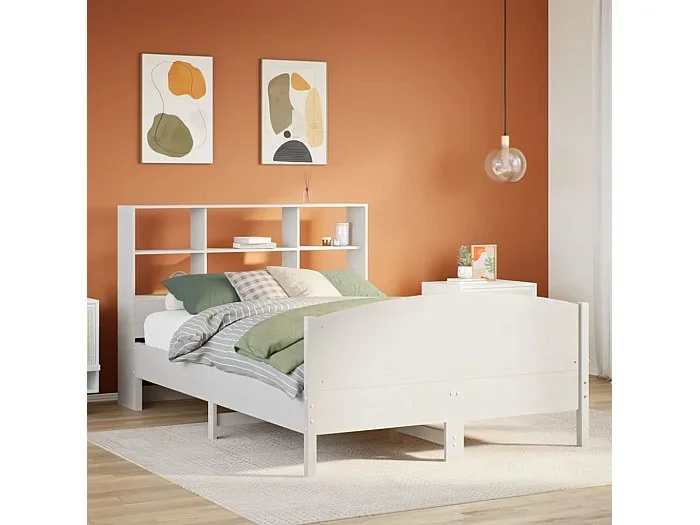 Cama con estantería sin colchón madera maciza blanca 120×190 cm