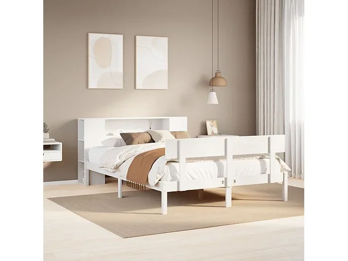 Cama con estantería sin colchón madera maciza blanca 135×190 cm