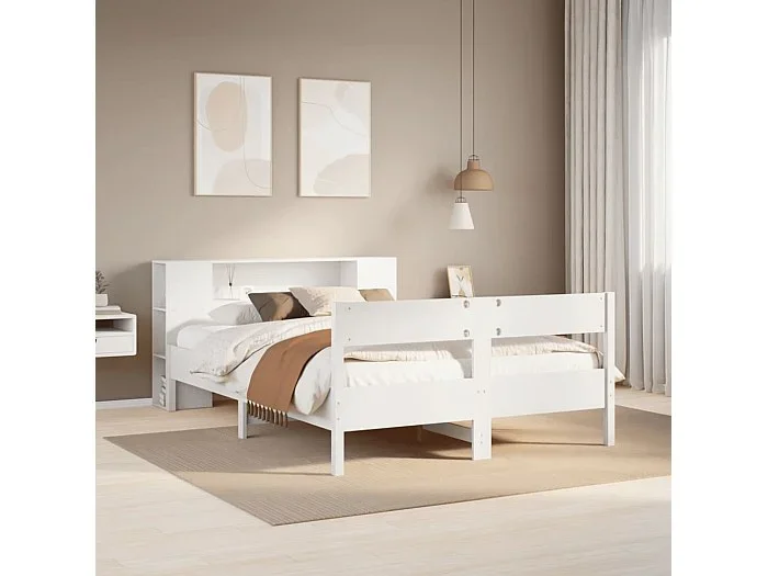 Cama con estantería sin colchón madera maciza blanca 135×190 cm