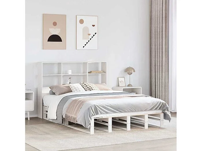 Cama con estantería sin colchón madera maciza blanca 140×190 cm
