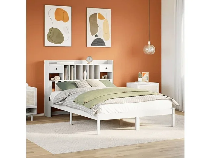 Cama con estantería sin colchón madera maciza blanca 140×190 cm