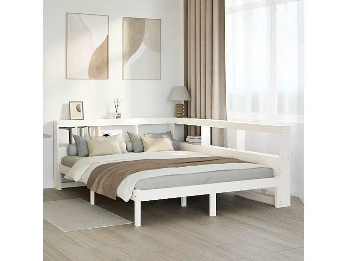 Cama con estantería sin colchón madera maciza blanca 140×190 cm