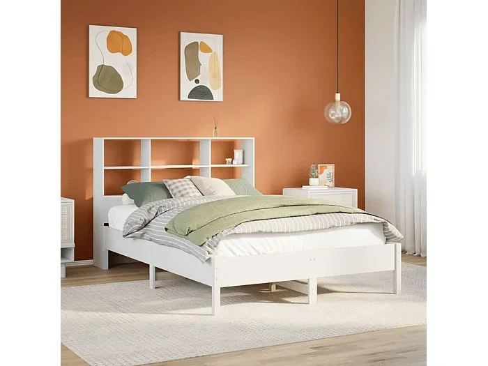 Cama con estantería sin colchón madera maciza blanca 140×190 cm