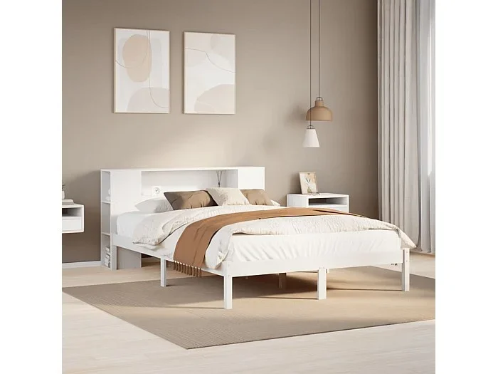 Cama con estantería sin colchón madera maciza blanca 140×190 cm