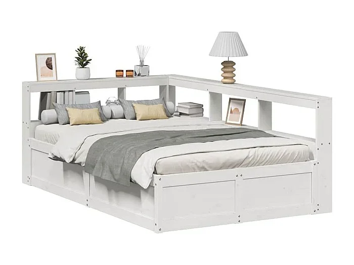 Cama con estantería sin colchón madera maciza blanca 140×190 cm