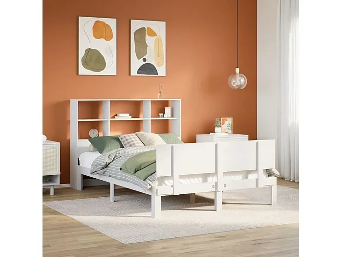 Cama con estantería sin colchón madera maciza blanca 140×190 cm