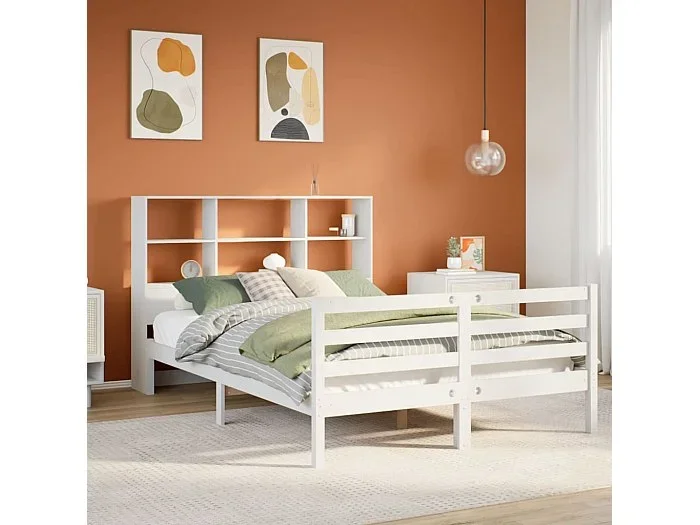 Cama con estantería sin colchón madera maciza blanca 140×200 cm