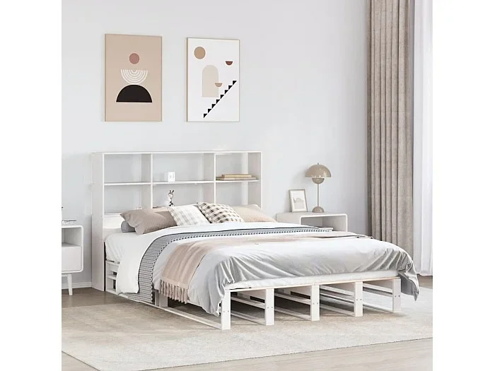 Cama con estantería sin colchón madera maciza blanca 140×200 cm