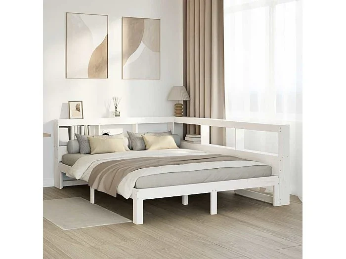 Cama con estantería sin colchón madera maciza blanca 150×200 cm