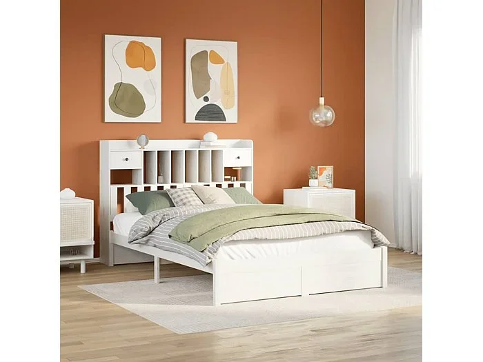 Cama con estantería sin colchón madera maciza blanca 150×200 cm