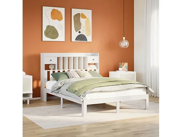 Cama con estantería sin colchón madera maciza blanca 150×200 cm