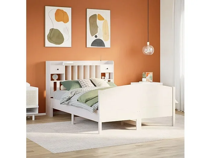Cama con estantería sin colchón madera maciza blanca 150×200 cm