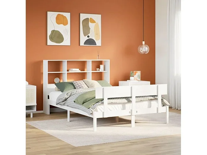 Cama con estantería sin colchón madera maciza blanca 160×200 cm