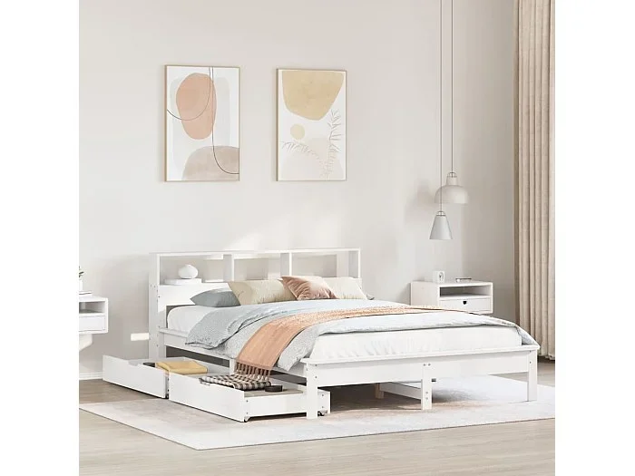 Cama con estantería sin colchón madera maciza blanca 160×200 cm