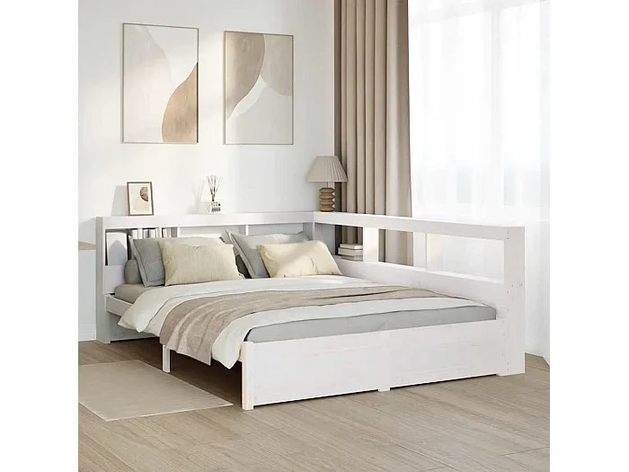Cama con estantería sin colchón madera maciza blanca 160×200 cm