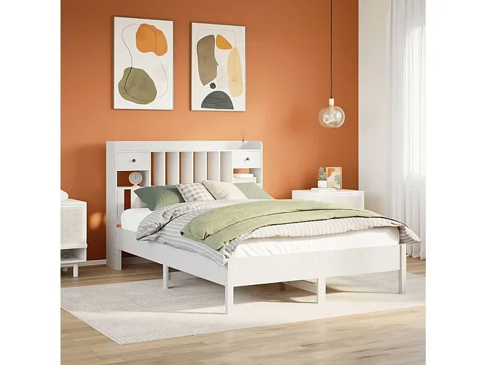 Cama con estantería sin colchón madera maciza blanca 160×200 cm