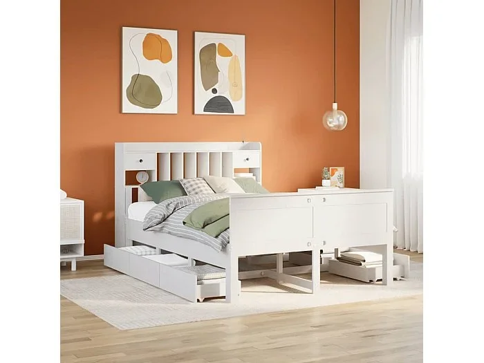 Cama con estantería sin colchón madera maciza blanca 160×200 cm