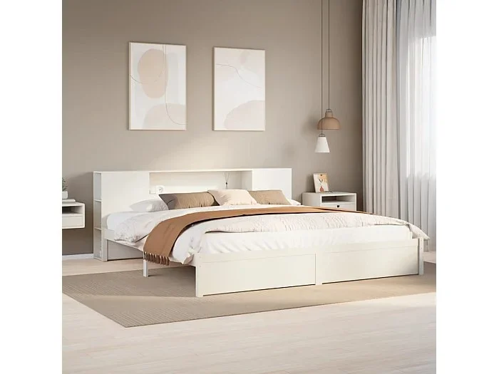 Cama con estantería sin colchón madera maciza blanca 200×200 cm