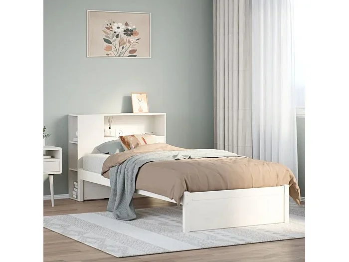 Cama con estantería sin colchón madera maciza blanca 75×190 cm