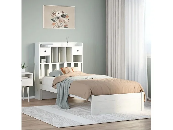 Cama con estantería sin colchón madera maciza blanca 75×190 cm