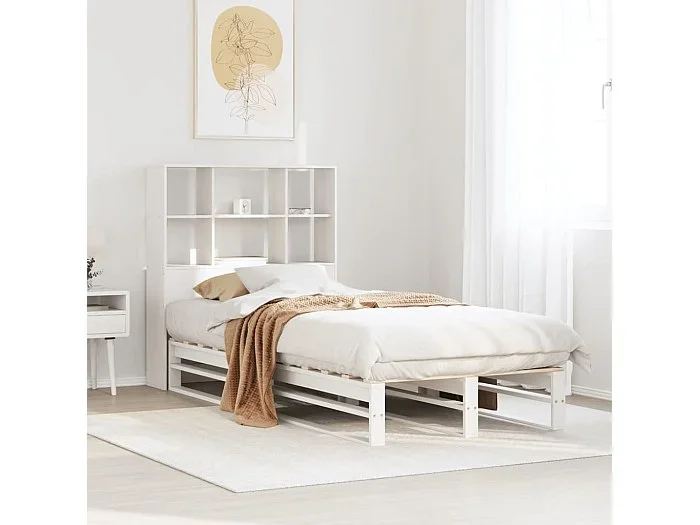 Cama con estantería sin colchón madera maciza blanca 90×200 cm