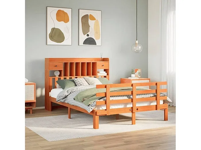 Cama con estantería sin colchón madera maciza marrón 140×190 cm