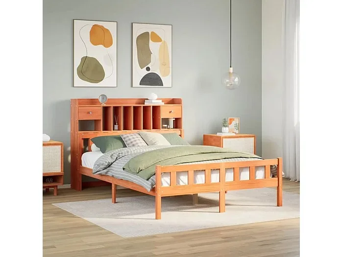 Cama con estantería sin colchón madera maciza marrón 160×200 cm