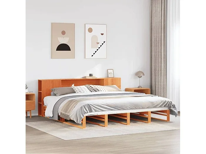 Cama con estantería sin colchón madera maciza marrón 180×200 cm