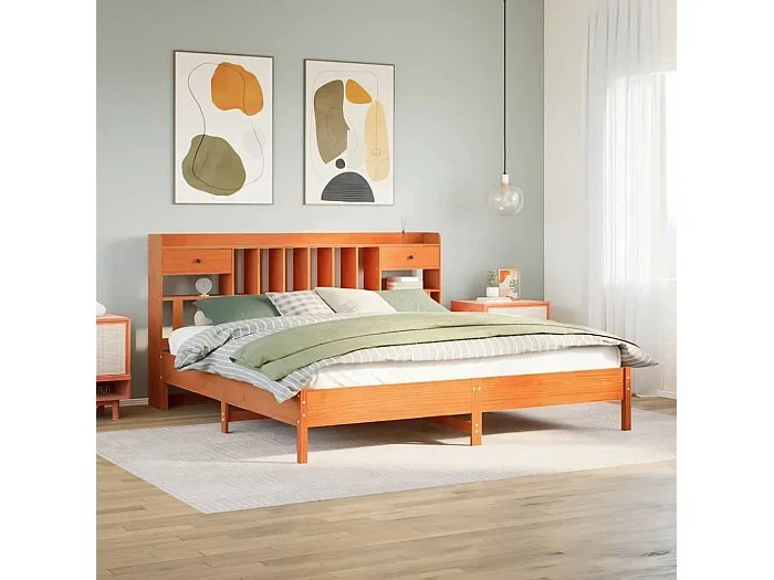 Cama con estantería sin colchón madera maciza marrón 180x200cm