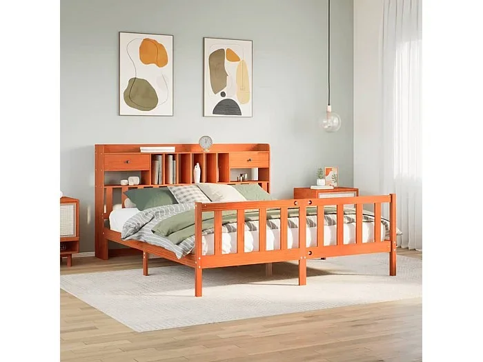 Cama con estantería sin colchón madera maciza marrón 200×200 cm