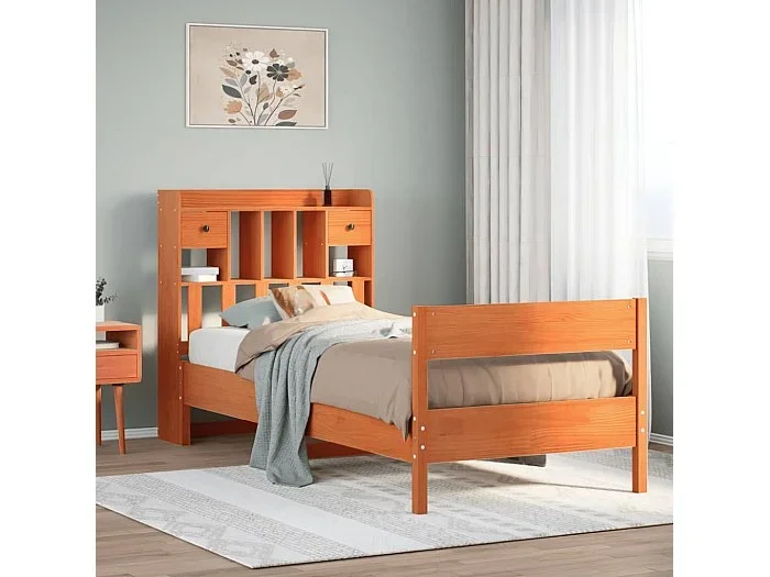 Cama con estantería sin colchón madera maciza marrón 75×190 cm