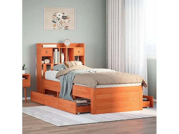 Cama con estantería sin colchón madera maciza marrón 75×190 cm